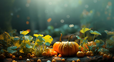 Autumn natural garden background, warm seasonal colors, fresh mixed pumpkins and green foliage. Colorful Thanksgiving season banner.の素材