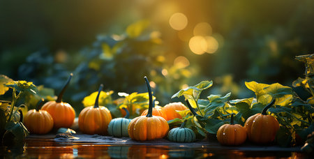 Autumn natural garden background, warm seasonal colors, fresh mixed pumpkins and green foliage. Colorful Thanksgiving season banner.の素材