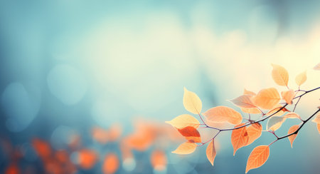 Abstract autumn nature background, with leaves on a branch, glowing sun and warm seasonal colorsの素材