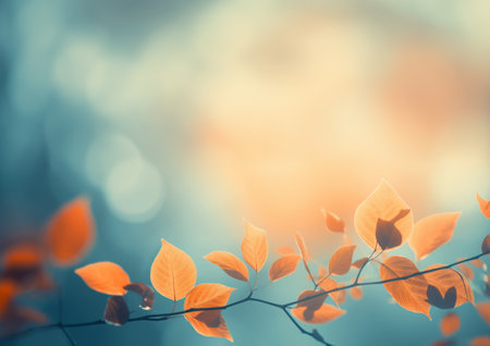 Abstract autumn nature background, with leaves and warm seasonal glowing colorsの素材