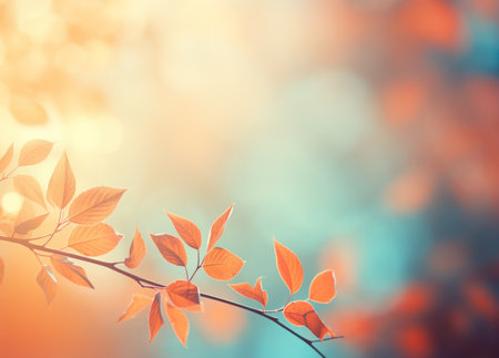 Abstract autumn nature background, with leaves on a branch, glowing sun and warm seasonal colorsの素材