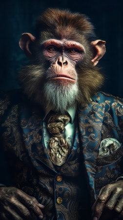 Old monkey dressed in an elegant suit with a nice tie. Fashion portrait of an anthropomorphic animal, shot in a charismatic human attitude.の素材