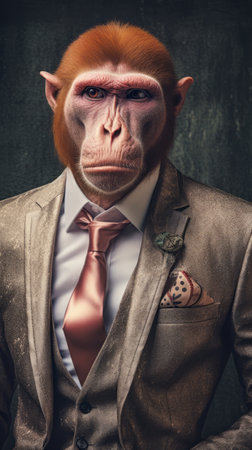 Albino monkey dressed in an elegant suit with a nice tie. Fashion portrait of an anthropomorphic animal, shot in a charismatic human attitude - Generative AIの素材