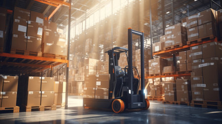 Forklift doing storage in warehouse by artificial intelligence automation. Robotics applied to industrial logistics.の素材