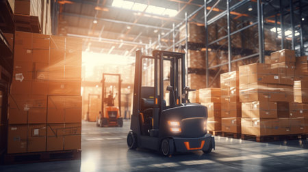 Forklift doing storage in warehouse by artificial intelligence automation. Robotics applied to industrial logistics.の素材