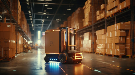 Forklift doing storage in warehouse by artificial intelligence automation. Robotics applied to industrial logistics.の素材