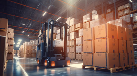 Forklift doing storage in warehouse by artificial intelligence automation. Robotics applied to industrial logistics.の素材