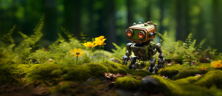 Little cute robot lost in a green forest, discovering the earth and exploring nature with curiosity, being surprised by beautiful yellow flowersの素材