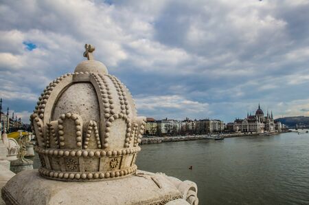 The Crown of Saint Stephen The Holy Crown of Hungary on Margaret bridge in Budapest.の写真素材