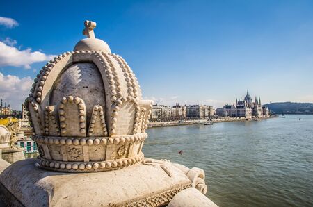 The Crown of Saint Stephen The Holy Crown of Hungary on Margaret bridge in Budapest.の写真素材