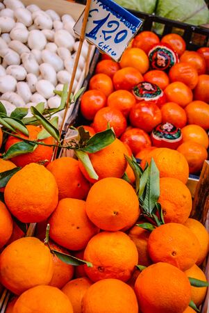 Blood oranages for sale at a market in Palermo, Sicilyの写真素材