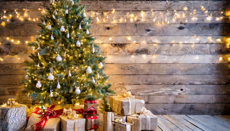 A beautifully decorated Christmas tree stands proudly with shimmering lights and ornaments, surrounded by an array of wrapped gifts beneath it, set against a warm wooden background.の写真素材