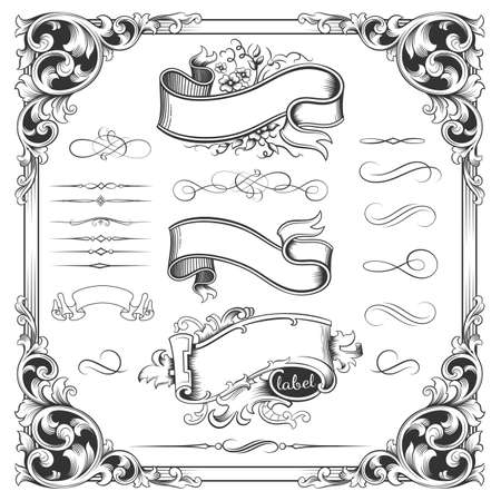 Vintage frames and borders on white background. Retro set of icons for invitation - congratulation and greeting card. Vector illustration.のイラスト素材