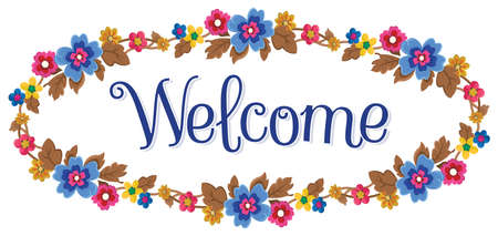 Welcome text floral frame with oval shape. The colors used in the wreath include green - blue - pink - yellow and brown. Vector illustration.のイラスト素材
