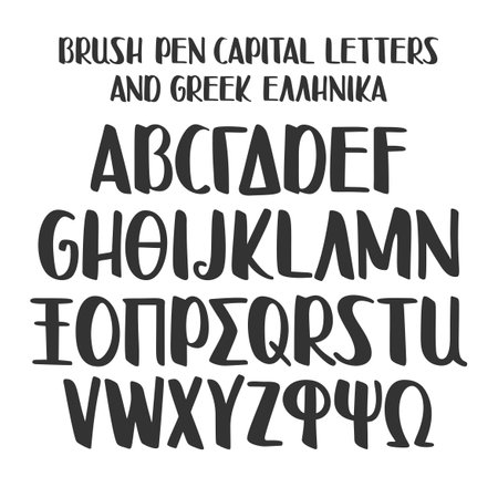 Handwritten alphabet with english and greek characters on white background. Marker pen font. Handwritten marker pen typeface. Vector illustration.のイラスト素材
