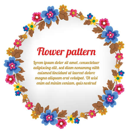 Colorful wreath formed by flowers and leaves. The colors used in the wreath include green - blue -pink - yellow and brown. Vector illustration.のイラスト素材