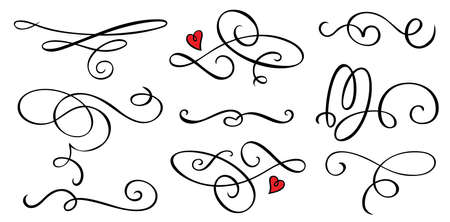 Vector set of swirl divides with red heart detail isolated on white background. Vector illustration Printのイラスト素材