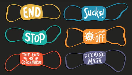 Set of masks in different colors with hand lettering details. Coronavirus covid19. Calligraphy handwriting. Multi colored. Vector print illustrationのイラスト素材