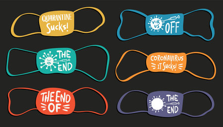 Set of masks in different colors with hand lettering details. Coronavirus covid19. Calligraphy handwriting. Multi colored. Vector print illustrationのイラスト素材