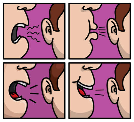 Secret. Set of humor cartoons. Close to the mouth with different movement in purple background. Vector print illustrationのイラスト素材