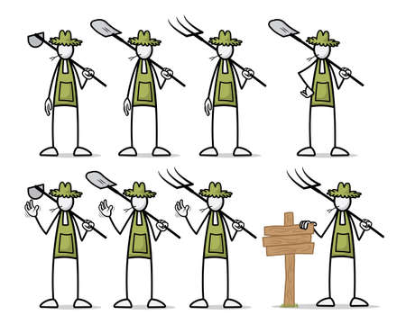 Set of farmer at outdoor activities in different poses. Print vector illustrationのイラスト素材