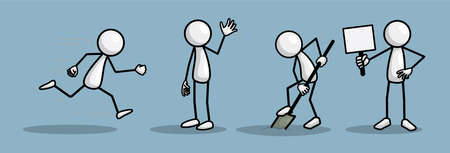 Set of stick figures in different poses on colored background. Vector print illustration.のイラスト素材