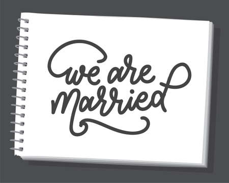 We are married hand lettering with swirl art on white background. Hand drawn phrase on sketchbook. Vector print illustration.のイラスト素材