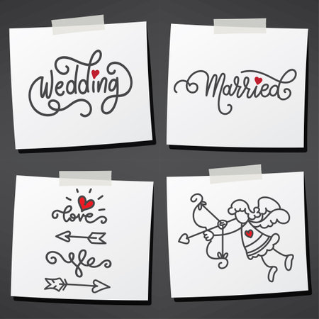 Set of sticky notes with hand drawn stick figure and lettering. Wedding theme. Vector illustrationのイラスト素材