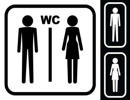 Set of wc glyphs icon. Man and woman stick figure for toilet room. Two persons in one square sign. Illustration print vectorのイラスト素材