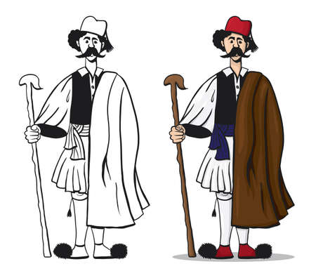 Hand drawn shepherd. Greek traditional costume. Coloring page. Printable drawing. Standing man. Folk art cartoon isolated. Vector illustrationのイラスト素材
