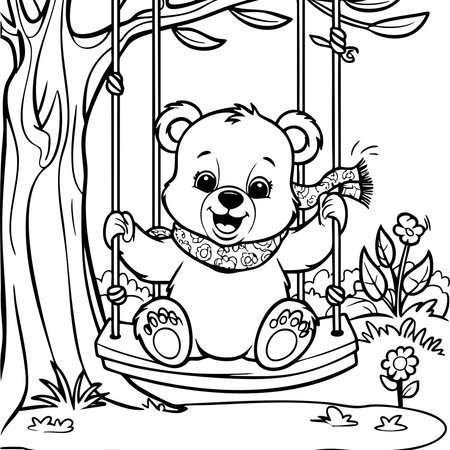 This delightful coloring page features an adorable bear cub wearing a scarf, happily swinging on a wooden swing attached to a tree. Surrounded by flowers, bushes, and trees, this nature-themed scene brings a playful woodland atmosphere perfect for children to color and enjoy.のイラスト素材