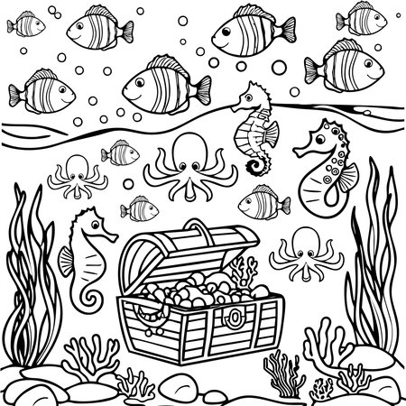 Dive into an underwater world full of excitement with this detailed coloring page. Kids can color various sea creatures like seahorses, octopuses, and tropical fish while discovering a treasure chest full of riches. Surrounded by corals, seaweed, and bubbles, this ocean-themed page inspires curiosity and creativity for children who love marine life.のイラスト素材