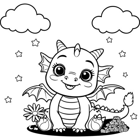 This adorable coloring page features a baby dragon smiling happily in a magical garden. Surrounded by stars, clouds, treasure, flowers, and fantasy elements, this charming creature is perfect for kids who love fantasy and mythical creatures.のイラスト素材
