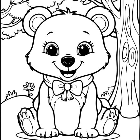 This heartwarming coloring page presents a cute bear cub sitting contentedly in the forest, surrounded by trees and flowers. Its big eyes and cheerful smile make it a perfect image for children who love animals and sweet, nature-themed illustrations.のイラスト素材