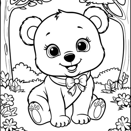 Sweet baby bear sitting in a forest with flowers, perfect for young children who love animals and nature-themed coloring activities.のイラスト素材