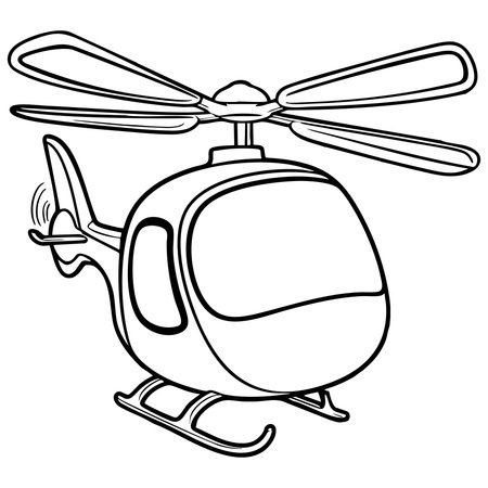 This coloring page shows a cartoon-style helicopter with detailed rotors, flying high and ready for takeoff. Perfect for kids fascinated by flying vehicles.のイラスト素材