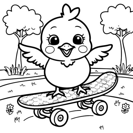 A cheerful baby chick rides a skateboard in a park perfect for playful coloring timeのイラスト素材