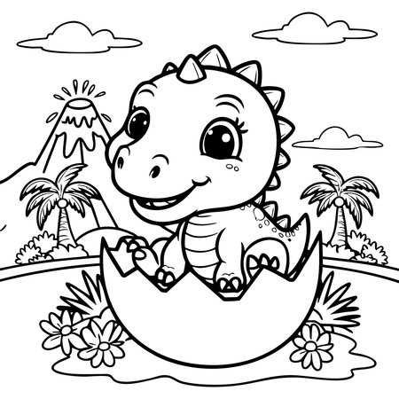 Cute baby dinosaur hatching from egg with volcano palm trees and flowers in backgroundのイラスト素材