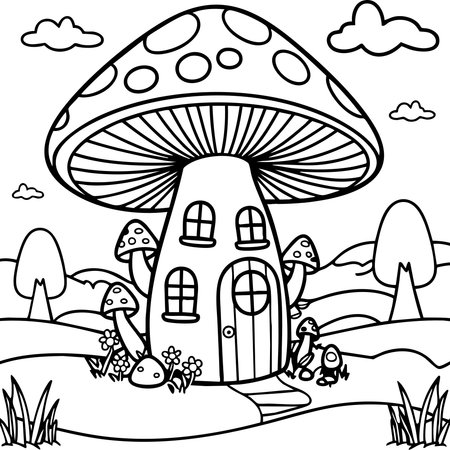 A whimsical mushroom shaped house with fantasy forest surroundingsのイラスト素材