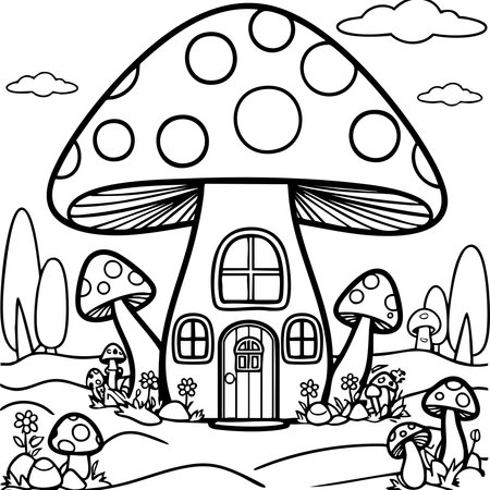 Charming mushroom house with flower garden and whimsical treesのイラスト素材