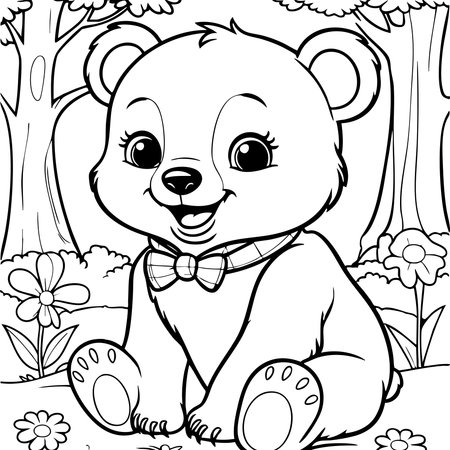 A cute baby bear sitting happily in the woods with a bow tie and flowers aroundのイラスト素材