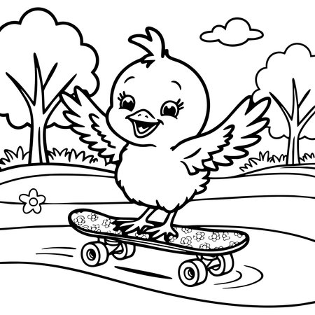 This fun and playful coloring page features a cheerful baby chick riding a skateboard in a park surrounded by trees and flowers Great for kids who love action and cute animalsのイラスト素材