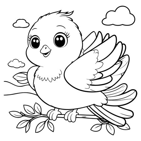 Happy bird spreading wings on a tree branch with clouds in the backgroundのイラスト素材