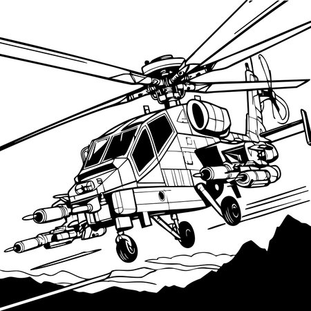 A fierce attack helicopter flies over mountains, detailed with weapons, rotors, and tactical equipment in this intense coloring page.のイラスト素材