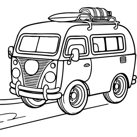 A classic van carrying luggage and a surfboard, ready for a fun road trip adventure coloring activity.のイラスト素材