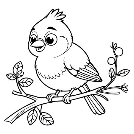 Cute cartoon bird perched on a leafy branch with berries perfect for nature themed coloring funのイラスト素材