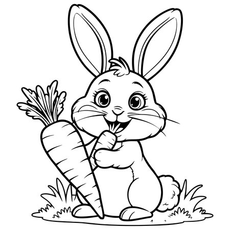 A happy cartoon bunny holding a giant carrot perfect for kids coloring pages or Easter themesのイラスト素材