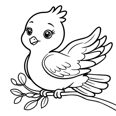 Cute little bird spreading its wings while perched on a tree branch perfect for kids to color and enjoyのイラスト素材