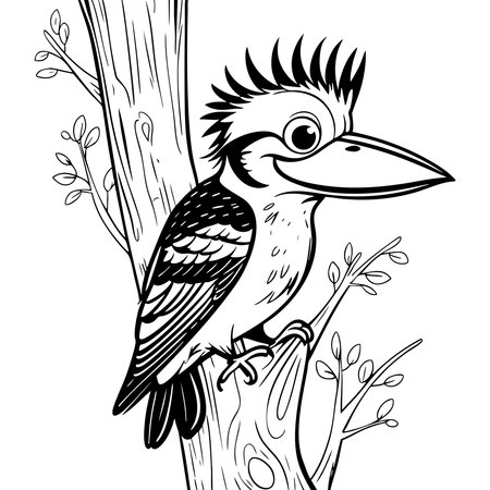 A cute woodpecker with spiky feathers perched on a tree trunkのイラスト素材
