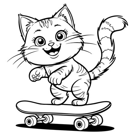 Adorable kitten happily riding a skateboard in this fun and playful coloring pageのイラスト素材